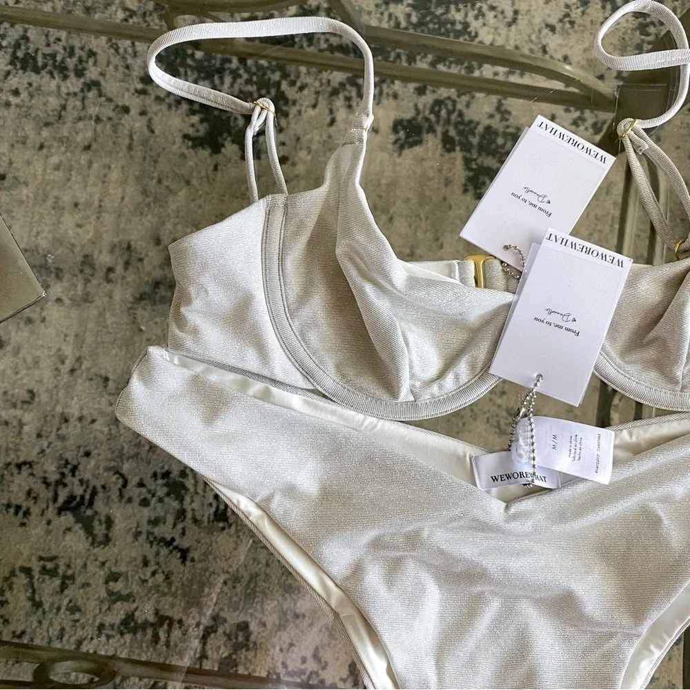 WeWoreWhat Bikini Vintage Bra Delilah Shimmer Sparkly Solid Glitter Silver M NWT